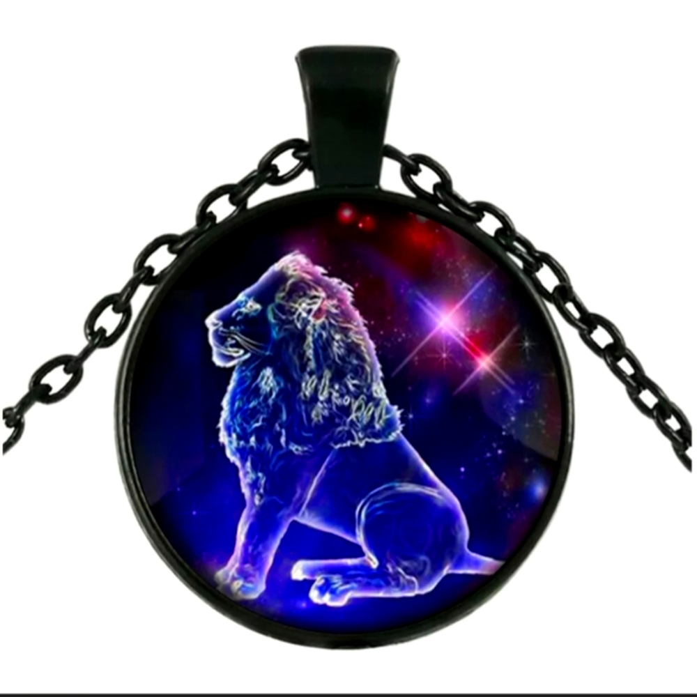 New Leo Zodiac Black Glass Cabochon Necklace.